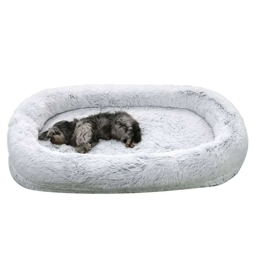 A giant plush sponge dog bed for human use to keep warm in winter as a pet bed. People and dogs share leisure mattresses