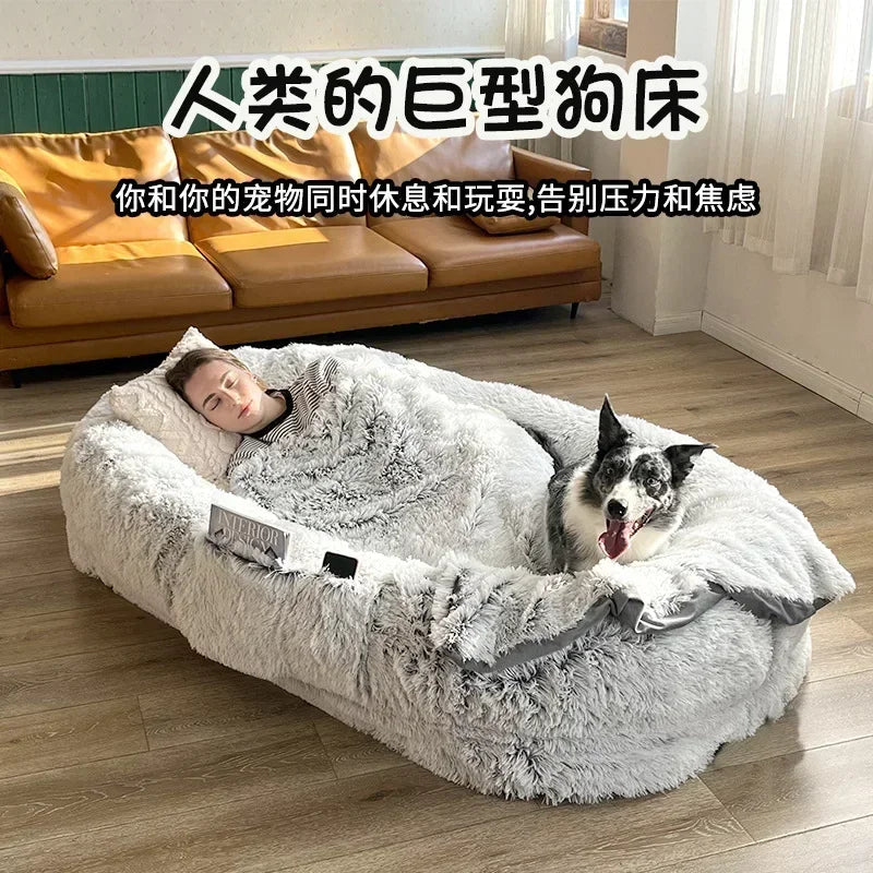 A giant plush sponge dog bed for human use to keep warm in winter as a pet bed. People and dogs share leisure mattresses